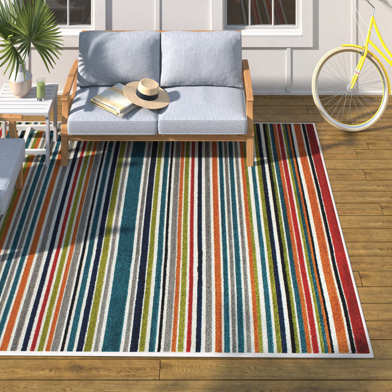 Beachcrest Home Iredell Striped Turquoise Indoor / Outdoor Area Rug